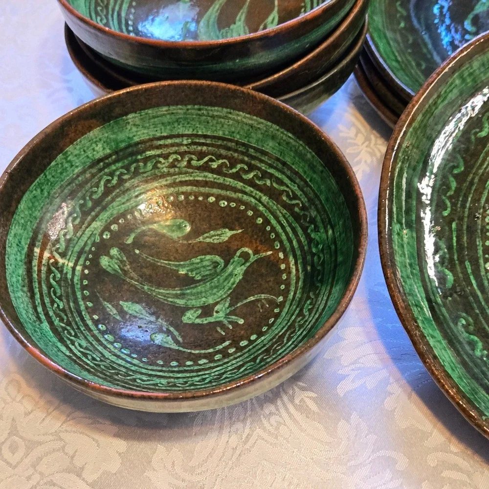 Vintage Tatamban Michoacan Mexico Pottery 8pc Set Green Bird Animal Plates Bowls
